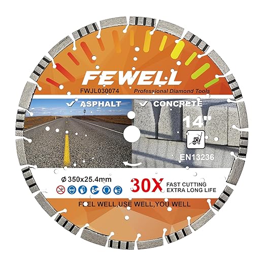 FEWELL 14" Asphalt Diamond Saw Blade/Concrete Diamond Blade,Multi-Purpose Diamond Blade for Hard Reinforced Concrete Asphalt Masonry Stone Terrazzo, Laser-Welded Segmented, 1"-20mm Arbor