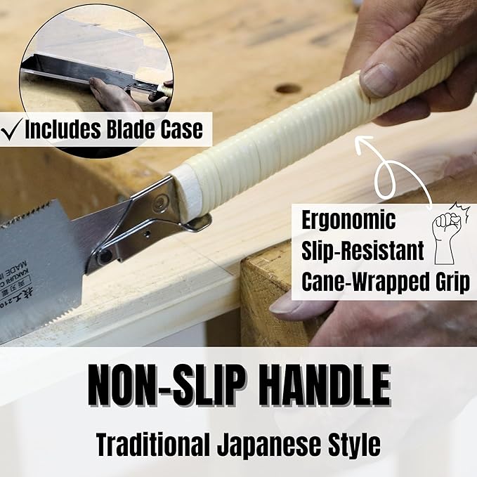 KAKURI Japanese Pull Saw 8.2" for Woodworking - Ryoba Double Edge Hand Saw with Blade Cover, Cane-Wrapped Handle, Tool-Free Blade Replacement - Made in Japan