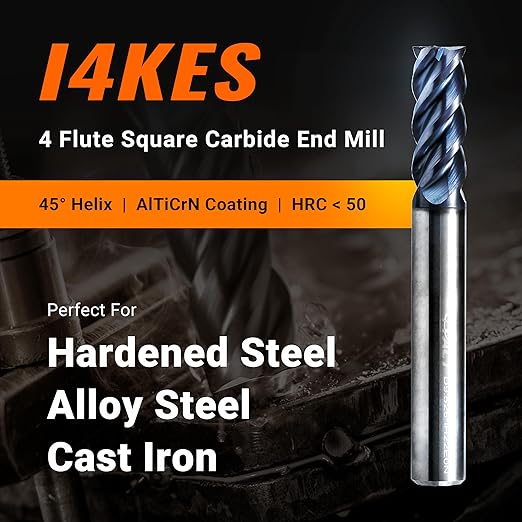 ACCUCUT I4KEL 5/16??Carbide Square End Mill- 4 Flute Milling Bit for Steel, Forge Steel, Hardened, Copper, Alloys & Materials < HRC 50 - AlTiN Coating CNC Router Bit, 45 Degree Helix