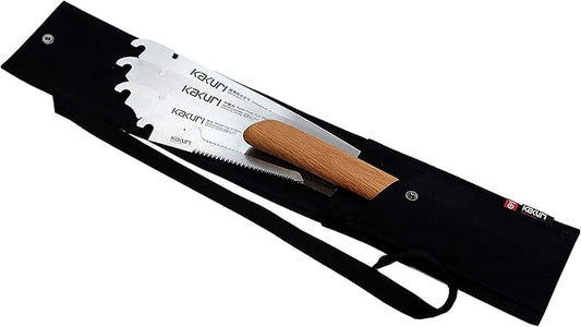 KAKURI Japanese Pull Saw Set for Standard Woodworking - Universal Cut 10.5", Semi-Fine Cut 10", Rough Cut 8.2", Keyhole 4" - Red Oak Handles with Oil Finish, Canvas Carrying Case - Made in Japan