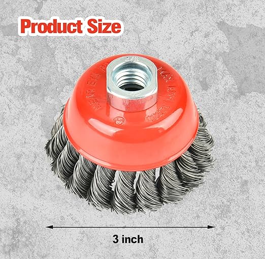Aain 10 Pack Wire Wheel Cup Brush, 3 Inch Twisted Knotted Wheel Cup Brush with 5/8"-11 Threaded Arbor for Angle Grinder, Max RPM 12,500, 0.020in Carbon Steel for Rust Removal, Abrasives