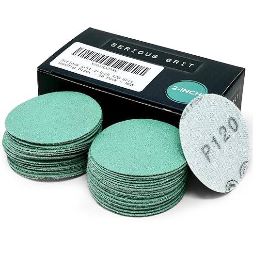 Serious Grit 2-Inch 120 Grit Aluminum Oxide Sanding Discs - Heavy-Duty Hook & Loop Film Discs - Green - Compatible with 2-inch Hook and Loop Sanding Pads - Pack of 50