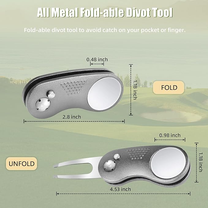 Mile High Life Golf Divot Repair Tool, All Metal Foldable Divot Tool with Pop-up Button & Magnetic Ball Marker