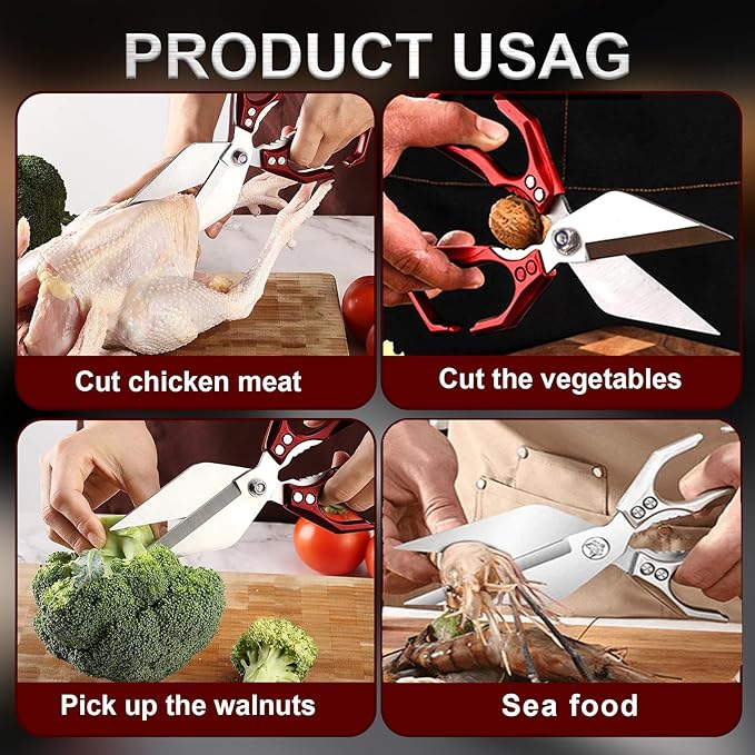 Kitchen Scissors for Food Heavy Duty Poultry Shears Built-In Nutcracker, Japanese High-Carbon Steel Culinary Shears with Ergonomic Handle, All Purpose Kitchen Tool for Chicken, Meat & Seafood (Red)