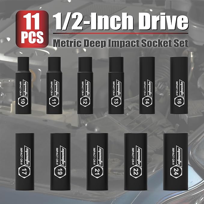 EPAuto 1/2-Inch Drive Metric Deep Impact Socket Set, Cr-V, 6 Points, 11 Sockets