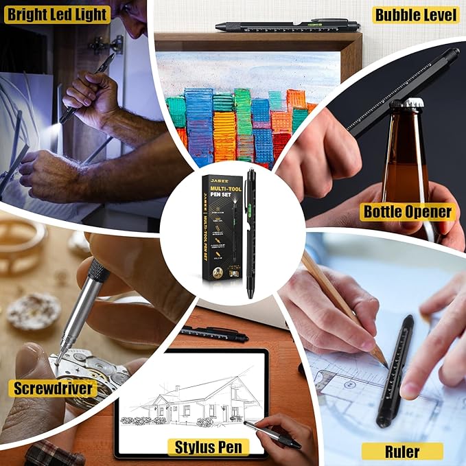 Christmas Stocking Stuffers Gifts for Men, White Elephant Gifts for Adults Dad Boyfriend Him Husband, 9 in 1 Multitool Tool Pen Set, Screwdriver, LED Light, Stylus, Bottle Opener, Ruler, Level(Black)