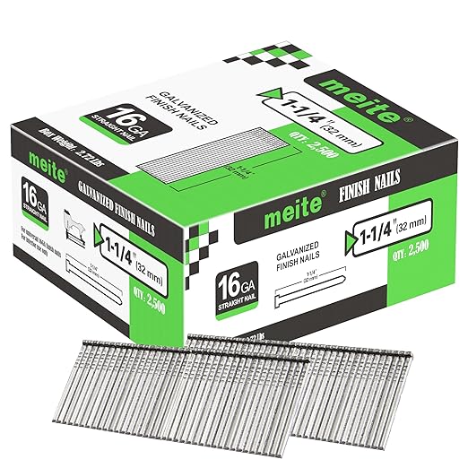 meite 16 Gauge Finish Nails, 1-1/4-Inch Galvanized 16 Gauge Brad Nails, Small Straight Finishing Nail for 16 Gauge Finish Nailer Guns (1 Case)