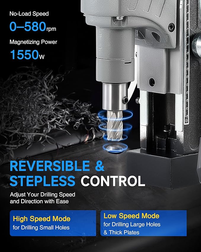 ZELCAN Mag Drill Press with 11 Pcs Bits, 1550W Portable Magnetic Drill Press with 2" Boring Diameter, 0-580 rpm Stepless Speed & Reversible Direction, 2922 lbf Power Magnetic for Metal Surface
