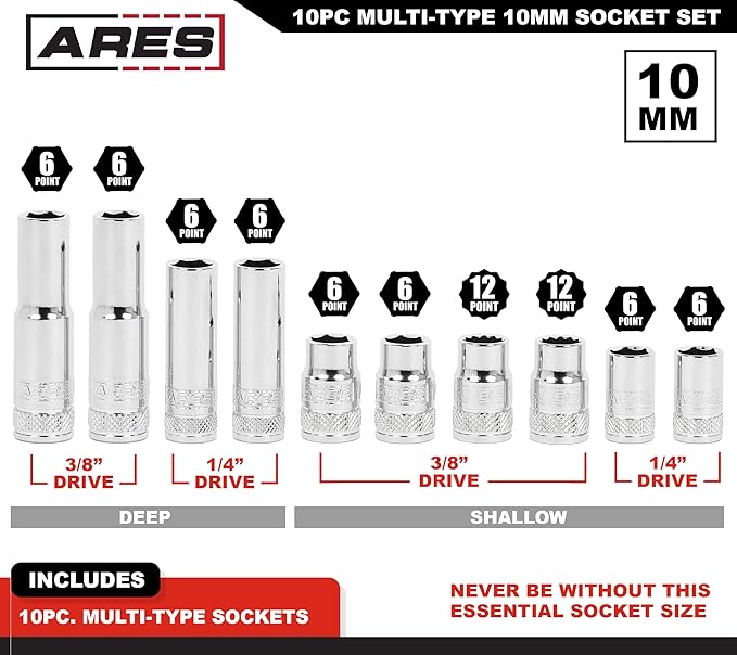 ARES 39020 ??10-Piece Multi-Type 10mm Socket Set ??Premium Chrome Vanadium Socket Set Includes Shallow and Deep Metric Sockets ??1/4-Inch and 3/8-Inch Drive Sockets with High Visibility Markings