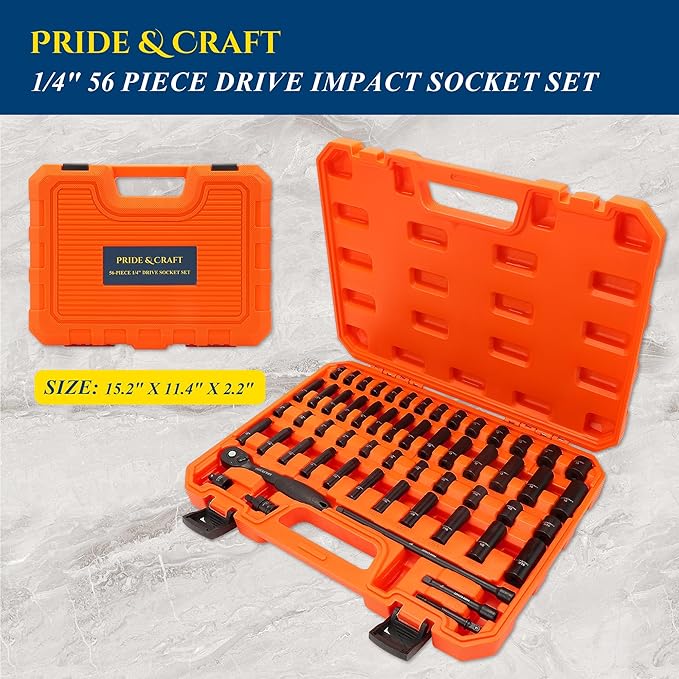 PRIDE&CRAFT 1/4" 56-Piece Impact Driver Socket Set, SAE (5/32 to 9/16 inch) and Metric (4-15mm) Sizes with Adapters, Extension Bars, Universal Joint, Torque Wrench, One Set for All, Gift for Him