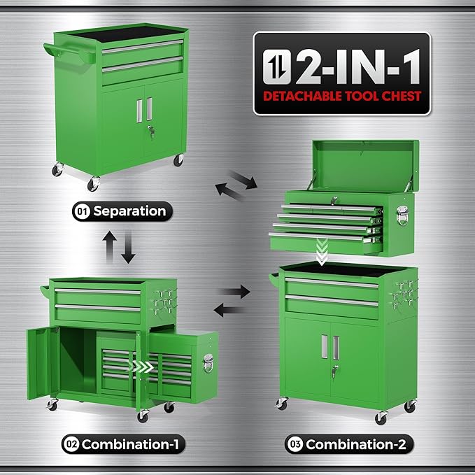 INTERGREAT Tool Chest, 8 Drawer Rolling Tool Chest with Drawers, Detachable Top Tool Box, and Locking Mechanism, Metal Tool Cart with Liner and 6 Hooks for Garage, Workshop, Green