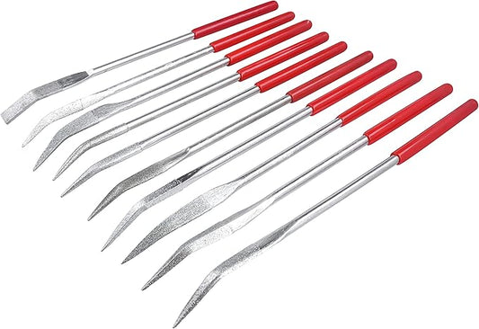 YAKAMOZ 10Pcs Curved Mini Diamond Metal Files Set 3x160mm Bent Round Needle File Triangular Square Flat Riffler File Kit Wood Stone Glass Jewelry Fine File DIY Tools