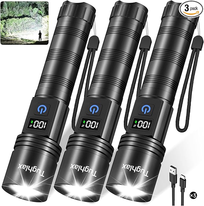 3Pack Rechargeable Flashlights High Lumens 9900LX, Super Bright Flashlight with LCD Digital Display, 5Modes Adjustable LED Flashlight Tactical Flashlights High Powered, Flash Lights for Emergency