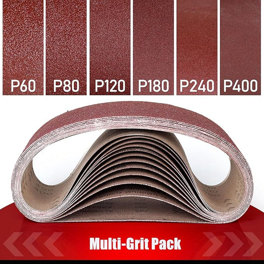 4x24 Belt Sander Sanding Belts, 12 Pcs Durable 4 x 24 Inch Sanding Belts60/80/120/180/240/400 Assorted Grits Aluminum Oxide Sanding Belt for Woodworking Metalworking