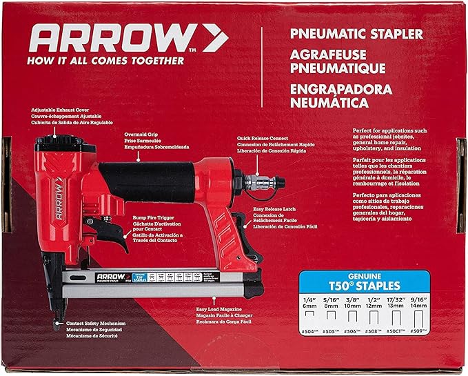 Arrow PT50 Oil-Free Pneumatic Staple Gun, Professional Heavy-Duty Stapler for Wood, Upholstery, Carpet, Wire Fencing, Fits 1/4?? 5/16?? 3/8", 1/2", 9/16??Staples , Red
