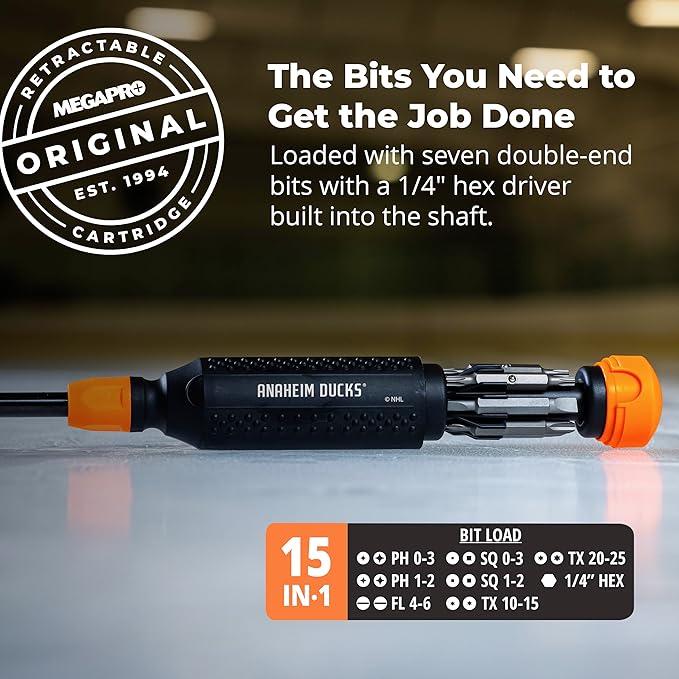 MEGAPRO짰 NHL짰 Team Edition Multi-bit Screwdriver | Officially Licensed NHL짰 Gear | Durable, Ergonomic, Pro-Grade Screwdriver (Anaheim Ducks짰)