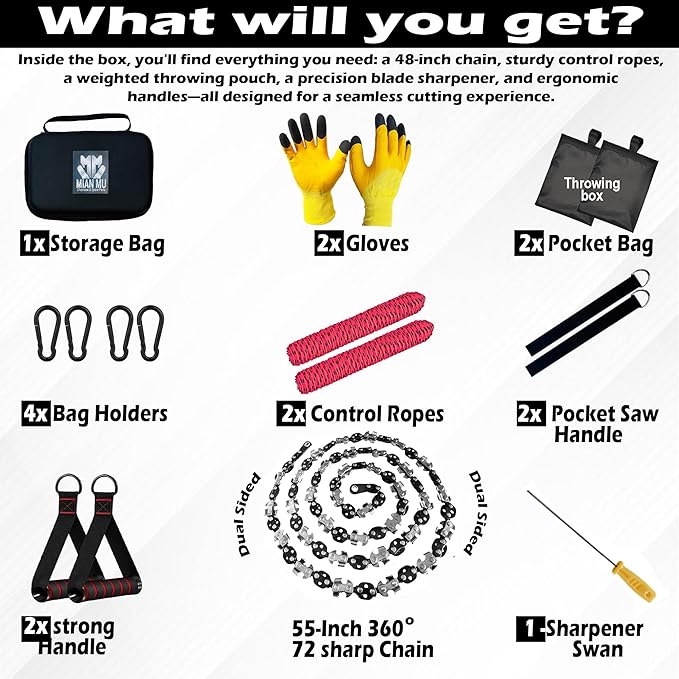 55 Inch High Limb Rope Saw – Dual Sided Pocket Chainsaw with 70 Sharp Teeth 360° – Rope Tree Saw High Limb Tool with Storage Box for Outdoor Adventures