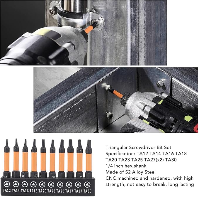 Triangle Screwdriver Set,10 Pcs50mm Length 1/4 Inch Hex Shank S2 Alloy Steel Magnetic Triangular Drill Bit