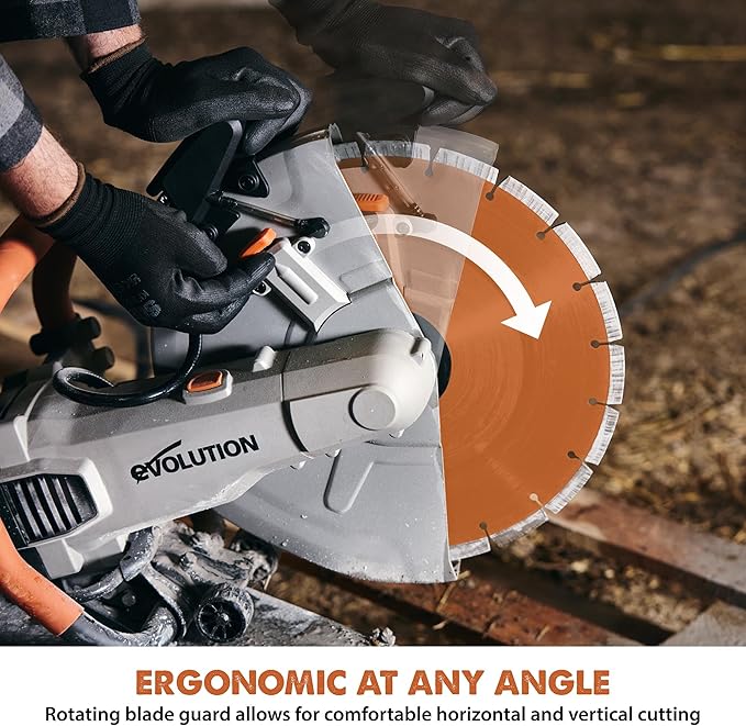 Evolution R14DCT 14” Electric Concrete Saw | High-Torque 20A Motor | 5-1/8” Cut Depth | Auto ON/OFF Dust Suppression | No Gas, Low Maintenance | 14” Diamond Blade | Heavy-Duty | 20A Plug