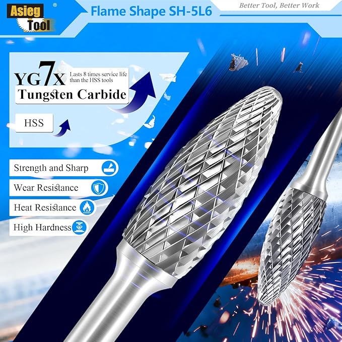 SH-5L6 Tungsten Carbide Burr Rotary Lengthened File Flame Shape Double Cut with 1/4''Shank for Die Grinder Drill Bit