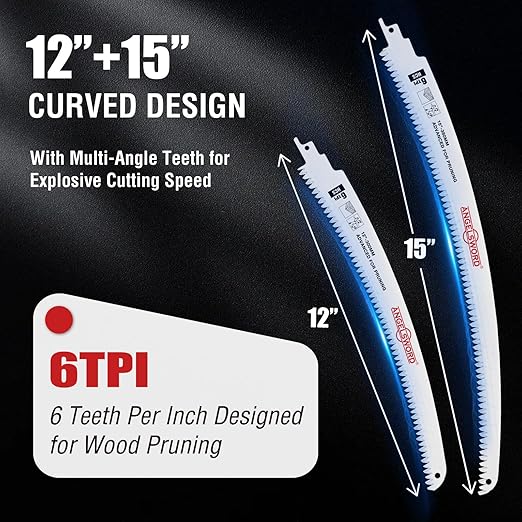 ANGELSWORD 12 Inch(2 Pack)& 15 inch(3 Pack) Arc Edge Reciprocating Saw Blade, 6TPI Wood Pruning Saw Blades for Tree Trimming, Wood Cutting