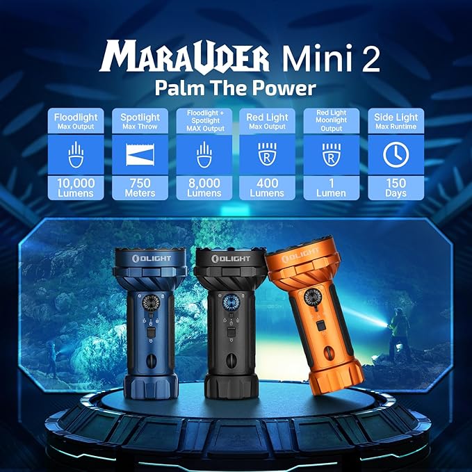 OLIGHT Marauder Mini 2 Bright Flashlight 10,000 Lumen with 750 Meters Beam Distance, Rechargeable Light with Dual Charging & 5 Lighting Modes for Outdoor, Camping, Emergencies (Orange)