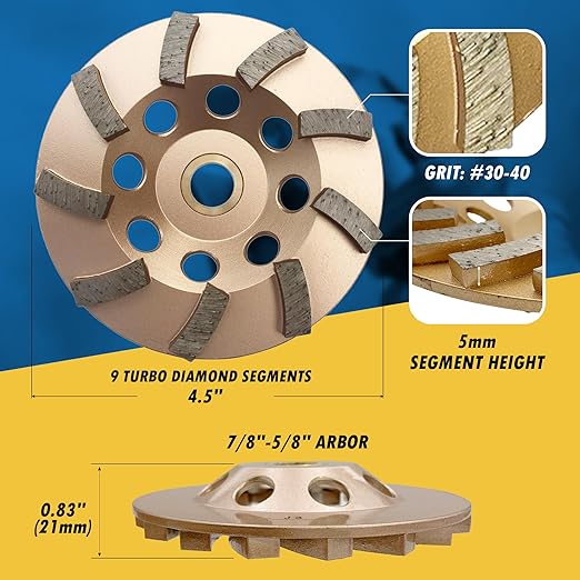 4" Diamond Grinding Wheels for Concrete or Masonry, 9 Turbo Segments, #30/40 Grit, Medium Bond, 7/8"-5/8" Arbor