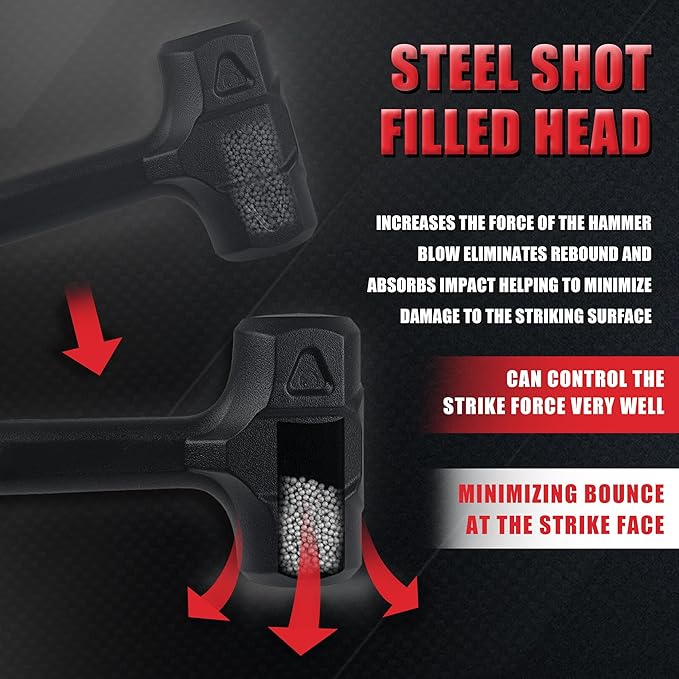 YIYITOOLS 1LB (16oz) Dead Blow Hammer, Heavy Duty One-Piece Forged Carbon Steel Construction, Steel Ball-Filled Head, Anti-Vibration Rubber Grip, Spark and Rebound Resistant, Ideal for DIY, Automotive