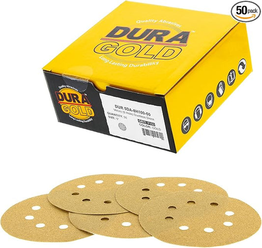 Dura-Gold Premium 100 Grit 5" Sandpaper Discs, 8 Hole Pattern Dustless, 50 Discs - Hook & Loop Backing for Orbital DA Sander, Detailing Finishing Color Sanding Automotive Paint Woodworking