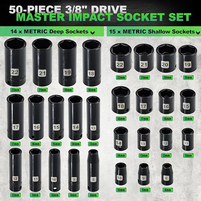 3/8" Drive Impact Socket Set, 50 Piece Standard SAE (5/16 to 3/4 inch) and Metric (8-22mm) 6 Point, Extension Bars, Impact Universal Joint, Adapter, Cr-V Steel