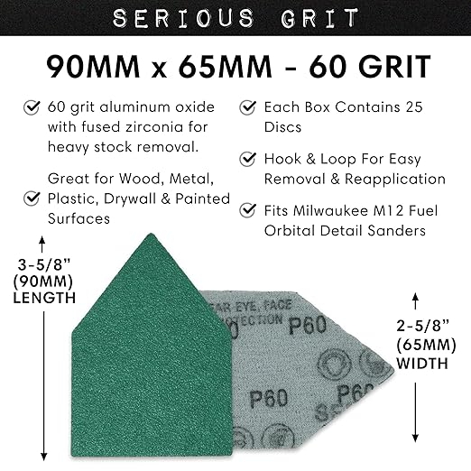 Serious Grit - 60 Grit 90mm x 65mm Triangle Sanding Sheets - Fits Milwaukee M12 Fuel Sanders - Heavy-Duty Hook & Loop Film Sandpaper Pads for Orbital Detail Sanders - 25 Pack Box
