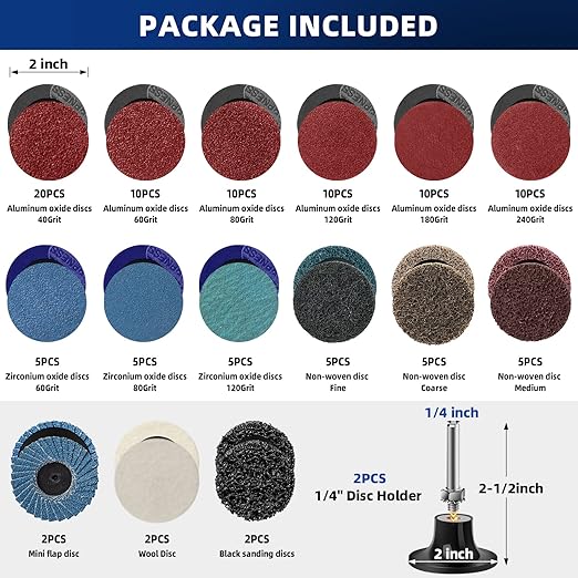 108Pcs Sanding Discs Set 2 inch Quick Change Disc with 1/4 inch Holder Surface Conditioning Disc for Die Grinder Surface Prep Strip Grind Polish Burr Finish Rust Paint Removal