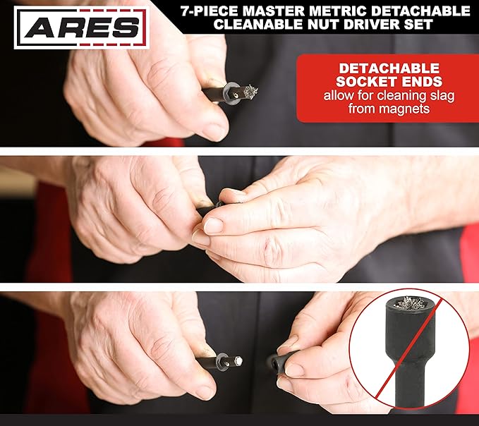 ARES 27087 ??Nut Driver Set ??Metric Magnetic 7-Piece ??Detachable and Cleanable ??Radial 6 Point Drive Sockets Load on Flats - Removable Socket Ends for Easy Cleaning ??Heavy Duty CR-V Steel