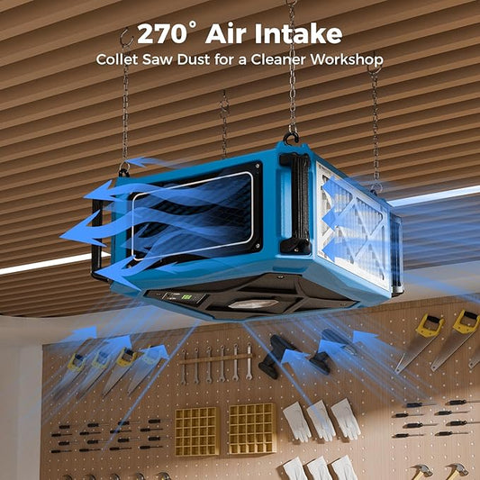 ALORAIR Hanging 270째 Intake Air Filtration Systems Woodworking Remote Control, 2 Stage Air Flow(780/1080CFM) Strong Vortex Fan, Ceiling Mounted Dust Collector for Garage, Work Shop, Purecare 1080