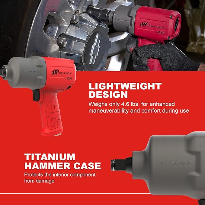 Ingersoll Rand 2235TiMAX-R 1/2" Drive Air Impact Wrench, Lightweight 4.6 lb Design, Powerful Torque Output up to 1,350 ft-lbs, Titanium Hammer Case, Max Control, Red