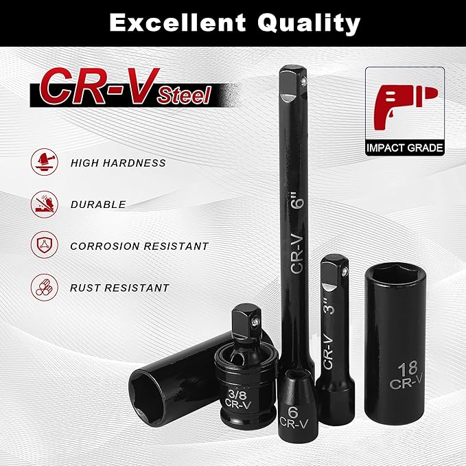 Aloanes 3/8" Drive Impact Socket Set, 64-Piece Deep & Shallow SAE (5/16"-1") & Metric (6mm-24mm) Sockets, 72-Tooth Ratchet Wrench, Universal Joint&Power Drill Adapter&Extension Bars