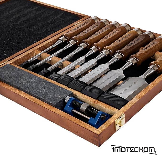 10-Pieces Woodworking Wood Chisel Set with Wooden Box, Honing Guide, Sharpening Stone, Razor Sharp CR-V 60 Steel Blades