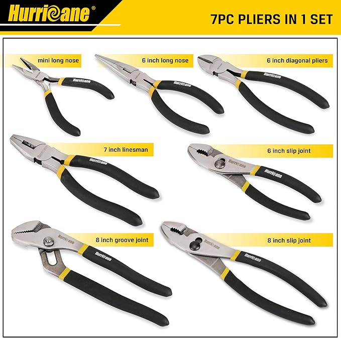 HURRICANE 7 Pieces Pliers Set, 8 inch Groove Joint Pliers, 8 inch Slip Joint, 7?섃?Linesman, 6?섃?Slip Joint, 6?섃?Diagonal, 6?섃?Long Nose, Mini Long Nose, for DIY & Home Use