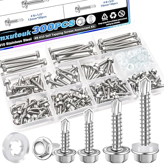 mxuteuk 300PCS #8#10 Self Tapping Screws for Metal,410 Stainless Steel Self Drilling Screws,Hex Washer Head Sheet Metal Screws Suitable for Wood, Metal or Tough Materials(150pcs Screw+150pcs Washer)