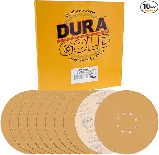 Dura-Gold Premium 9" Drywall Sanding Discs - 120 Grit (Box of 10) - 8 Hole Pattern Sandpaper Discs with Hook & Loop Backing, Fast Cutting Aluminum Oxide Abrasive - for Drywall Power Sander, Sand Wood