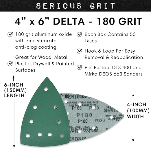 Serious Grit - 180 Grit 4" x 6" Delta (100mm x 150mm) Triangle Sanding Sheets - Fits Festool DTS 400 & Mirka DEOS Delta Sanders - Heavy-Duty Hook & Loop Film Sandpaper for Detail Sanders - 50 Pack Box