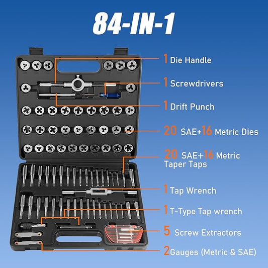 Anfrere 84pc Tap and Die Set in SAE & Metric Sizes, Standard Tap Set and Die Tool Set for Threading and Rethreading Internal and External Threads, M3-M12 Thread Repair Kit