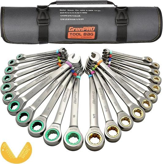 GRENPRO Ratcheting Wrench Set, Combination Wrench Set Metric And Standard & SAE With Color Ring, 1/4" to 3/4" & 6-18mm, 23PC Open End Ratchet Wrenches With Roll Up Pouch, CRV Socket Mechanic Tool Sets