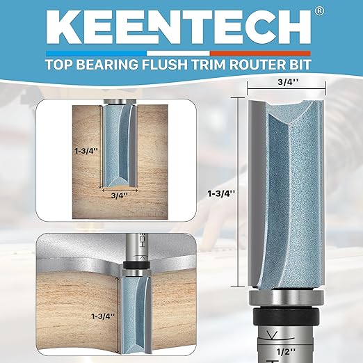 KEENTECH Router Bits 1/2" Shank, Flush Trim Router Bit, Top Bearing Carbide Tipped Pattern Bit, Template Straight Heavy Duty Woodworking Trimming Cutting Tool for Wood, 3/4" Diameter, 1-3/4" Depth