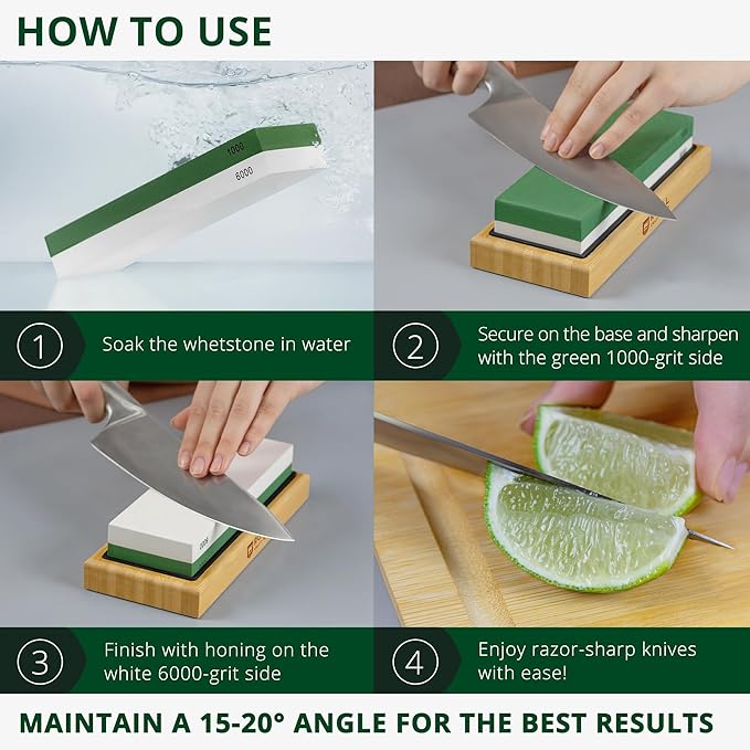 Universal Knife Sharpening Stone w/Dual Grit 1000/6000 for Kitchen Knife Set, Chef Knife, and more - Whetstone Sharpening Kit with Angle Guide, Non-Slip Silicon and Bamboo Bases by ROYAL CRAFT WOOD