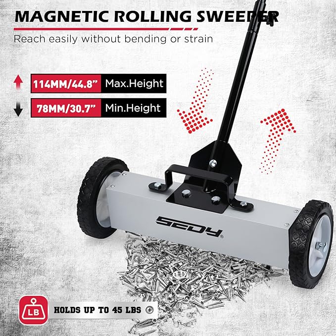 18-Inch Rolling Magnetic Sweeper with 9.5-inch Magnetic Trays, 45-Pound Capacity Telescoping Magnetic Pickup Lawn Sweeper, Adjustable Handle Pick-up Sweeper for Nails, Screws Workshop Garage Yard