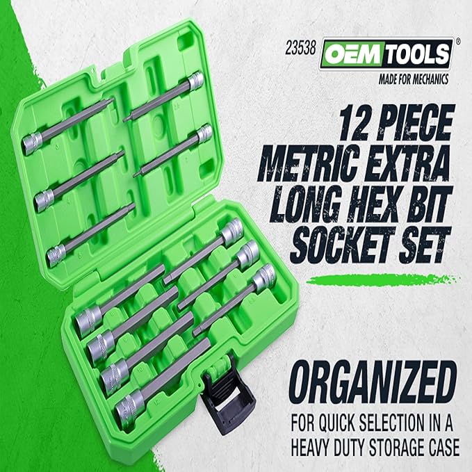 OEMTOOLS 23538 12-Pc Long Hex Socket Set, Metric Hex Bit Socket Set 1/4" and 3/8" Drive, 2mm-12mm S2 Steel Bits, Storage Case Included