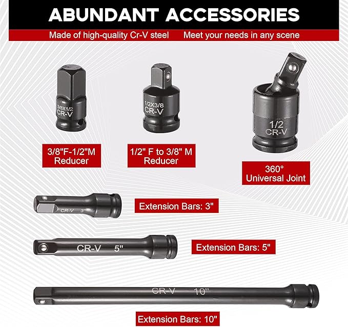 Aloanes 25-Piece 1/2" Drive Socket Set, SAE (3/8"- 1-1/2"), Deep Sockets, 1/2" F to 3/8" M Reducer,3/8" F to 1/2" M Reducer, Universal Joint, Extension Bars, 6 Point, Cr-V