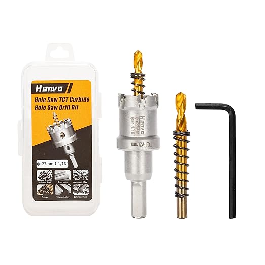 Hole Saw 1-1/16" (27mm) Heavy Duty Carbide with 2 Pilot Drill Bits - Metal Hole Cutter Cuts Stainless Steel, Iron, Copper, Brass, Plastic