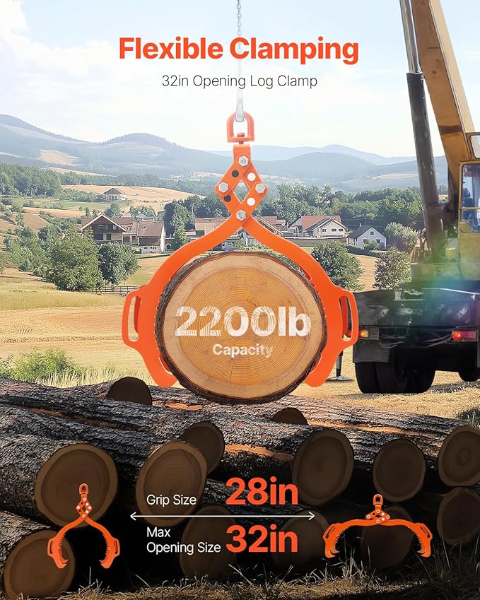 VEVOR Log Lifting Tongs 32in, 4 Serrated Claw Hook Log Tongs, Heavy Duty Steel Swivel Dragging Tongs, 2200LBS Log Grapple with Handles, Lumber Log Skidding Tongs for Tractors, Trucks, Forklifts, ATVs